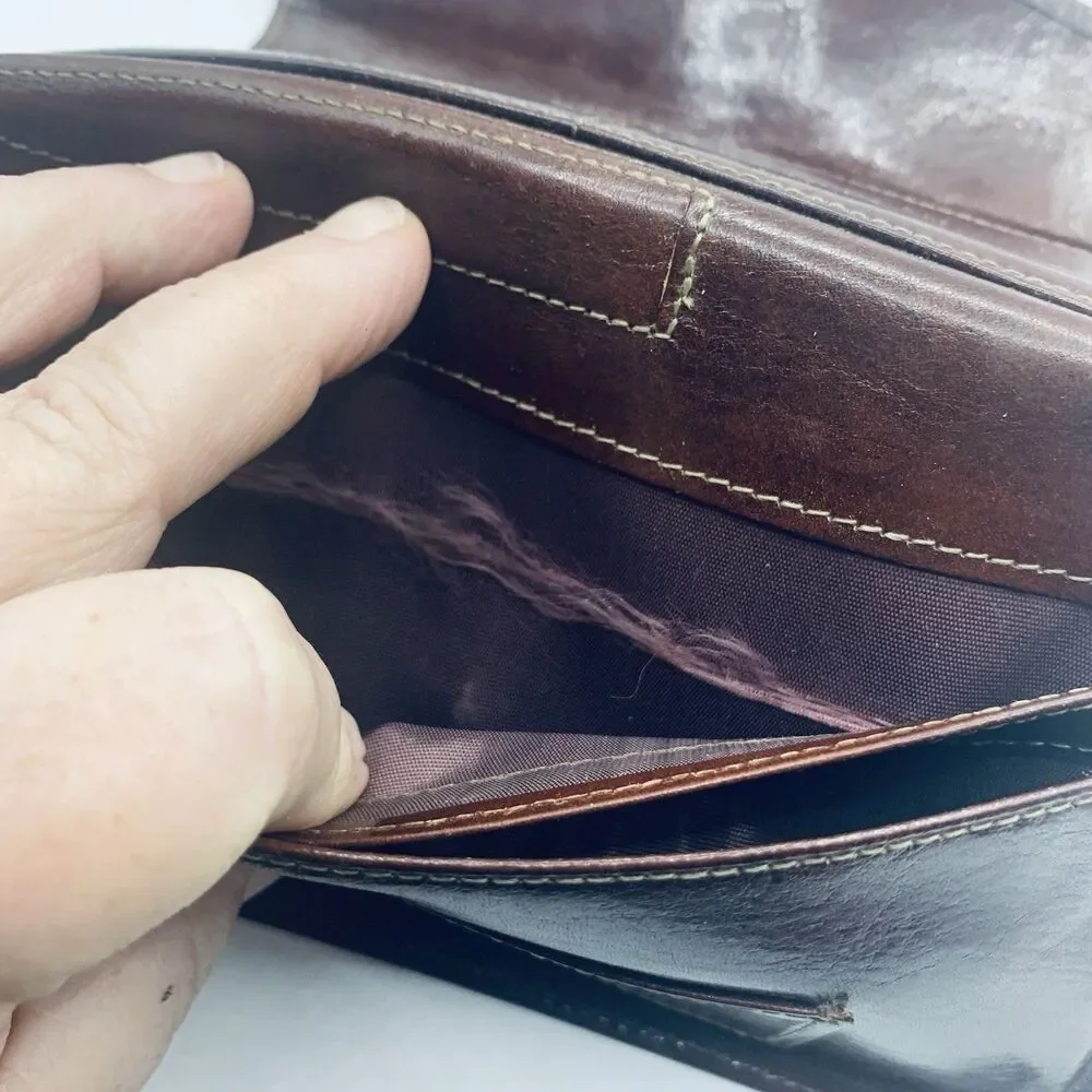BOSCA Brown Hand Stained Hide Tri Fold ID Card Wallet Multi Card Coin Pocket